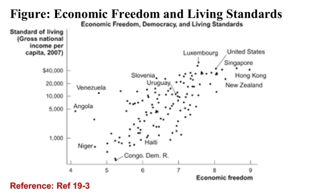 <strong>  (Figure: Economic Freedom and Living Standards) Refer tothe figure. Based on this chart, we can conclude that:</strong> A)greater economic freedom causes a higher standard of living. B)there is a positive relationship between economic freedom and GNI per capita. C)higher GNI per capita raises the level of democracy. D)the wealthiest countries in the world are all democracies. <div style=padding-top: 35px> 
