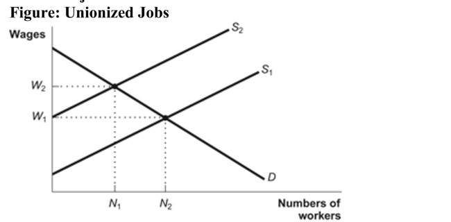 (Figure: Unionized Jobs)  Refer to the figure. Which of thefollowing would represent the wage and number of workers ofunionized jobs?   A) W1; N<sub>1</sub> B) W1; N2 C) W<sub>2</sub>; N<sub>1</sub> D) W<sub>2</sub>; N2 