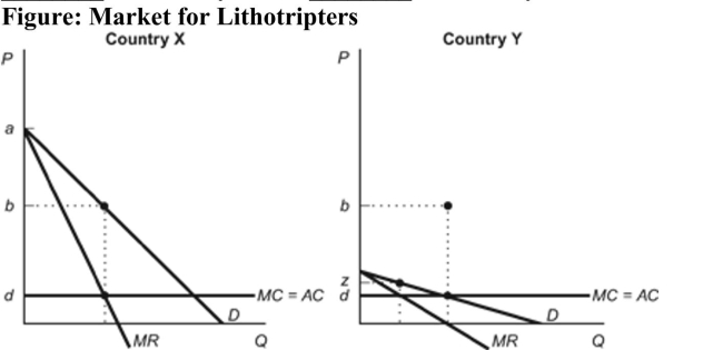 (Figure: Market for Lithotripters)  Refer to the figure.Suppose that a German manufacturer can sell its kidneylithotripter in two markets: Country X and Country Y. If thisfirm is interested in maximizing profits, it should set a price of________ in Country X and ________ in Country Y.   A) d; z B) b; d C) b; z D) a; d 