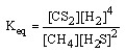  Which of the following is the correct equilibrium expression for the reaction CS<sub>2</sub> (g)  + 4 H<sub>2</sub> (g)   \rightarrow  CH<sub>4</sub> (g)  + 2 H<sub>2</sub>S (g)  A)    B)    C)    D)    