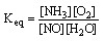  The form of the expression for the equilibrium constant, K<sub>eq</sub>, for the reaction below is: 4 NH<sub>3</sub> (g)  + 5 O<sub>2 </sub>(g)   \rightarrow 4 NO (g)  + 6 H<sub>2</sub>O (g)  A)    B)    C)    D)    
