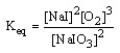  The form of the expression for the equilibrium constant, K<sub>eq</sub>, for the reaction below is: 2 NaIO<sub>3</sub> (s)   \rightarrow 2 NaI (s)  + 3 O<sub>2</sub> (g)  A)    B)    C)    D)  K<sub>eq</sub> = [O<sub>2</sub>]<sup>3</sup> 