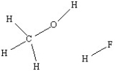Use a dashed line to illustrate hydrogen bonding between a methanol molecule and a hydrogen fluoride molecule.   