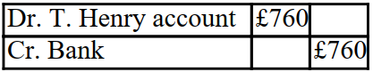XYZ received an invoice from T. Henry for £1,000, less a 20% trade discount for inventory. The invoice also included terms which stipulated that a cash discount of 5% would be allowed if the invoice was paid within 10 days. The double entry to record the payment within 10 days in the books of XYZ is as follows: A)    B)    C)    D)   