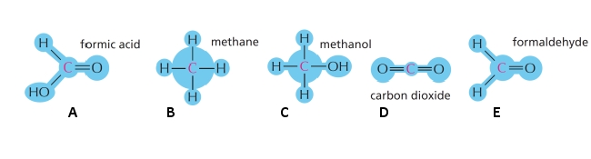 Sort the following molecules (A to E) based on the oxidation of the carbon atom, from higher to lower oxidation states. Your answer would be a five-letter string composed of letters A to E only, e.g. ADCBE. Put the letter corresponding to the highest oxidation level on the left.    