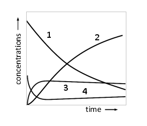 For a simple enzymatic reaction that involves only one substrate and follows Michaelis-Menten kinetics, the changes in the concentrations of substrate, product, free enzyme, and the enzyme-substrate complex over the course of the reaction are depicted by solid curves in the graph below. Which curve (1 to 4) corresponds to [ES]? Write down the number as your answer.    