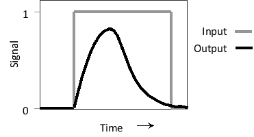 Consider the two feed-forward loops below containing three transcription regulators A, B, and C, where A receives the input signal and C generates the output. In the so-called coherent loop (left), A activates C both directly and indirectly, whereas in an incoherent loop (right), A activates C via one route and inactivates it via the other. Answer the following question(s) based on these network motifs.    -Would you expect a coherent (C) or an incoherent (I) loop to generate the following response pattern? In this example, A is stimulated by the input, and the transcription of C is measured as the output. Write down C or I as your answer.    