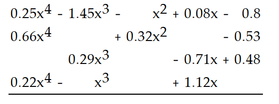  Add. -  A)   1.13 \mathrm{x}^{4}-1.16 \mathrm{x}^{3}+0.32 \mathrm{x}^{2}+0.49 \mathrm{x}-0.85  B)   1.13 x^{12}-2.16 x^{9}-0.68 x^{4}+0.49 x-0.85  C)   1.13 \mathrm{x}^{4}-2.74 \mathrm{x}^{3}-0.68 \mathrm{x}^{2}+1.91 \mathrm{x}-0.85  D)   1.13 x^{4}-2.16 x^{3}-0.68 x^{2}+0.49 x-0.85