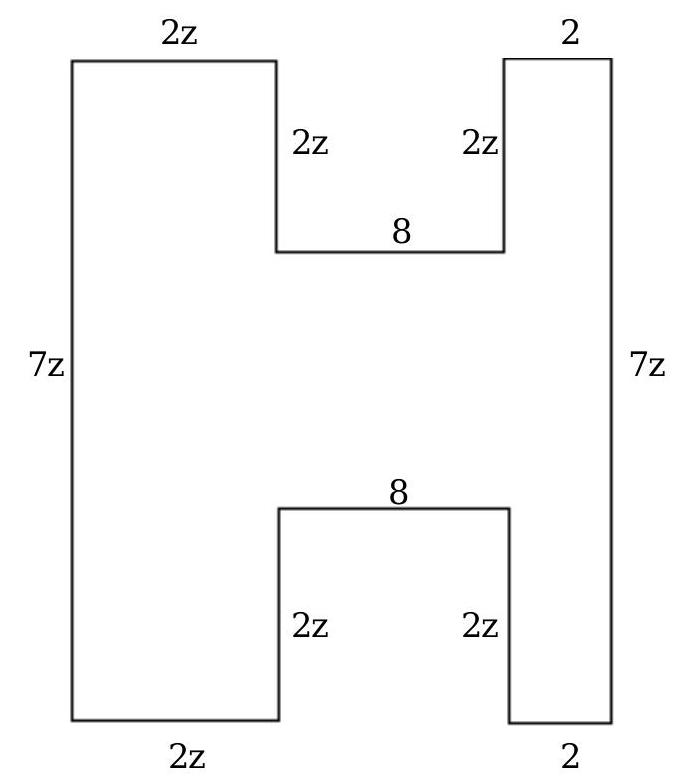  Solve the problem. -Find a polynomial for the perimeter of the figure.   A)   26 z+10  B)   46 z  C)   26 z+20  D)   22 z+20