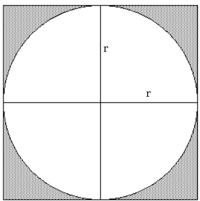  Solve the problem. -Find a polynomial for the the shaded areas of the figure.   A)   (\pi-1)  r^{2}  B)   (\pi-4)  r^{2}  C)   (4-\pi)  r^{2}  D)   \pi \mathrm{r}^{2}