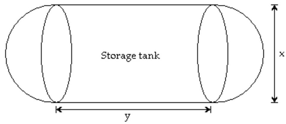  Solve the problem. -Liquid propane fuel is frequently stored in tanks that are shaped like the one shown in the figure below. The volume  V  of the tank can be computed using the formula  V=\frac{4}{3} \pi\left(\frac{x}{2}\right) ^{3}+\pi y\left(\frac{x}{2}\right) ^{2} . If  x=   2.7 \mathrm{ft}  and  \mathrm{y}=5.8 \mathrm{ft} , calculate the volume of the tank. Use the approximation  \pi \approx 3.14 .   A)   21 \mathrm{ft}^{3}  B)   74 \mathrm{ft}^{3}  C)   43 \mathrm{ft}^{3}  D)   16 \mathrm{ft}^{3}