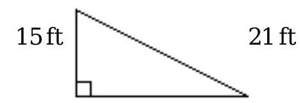  Solve the problem. -Below is a diagram of a water slide. The slide is  21 \mathrm{ft}  long. The ladder leading to the slide is  15 \mathrm{ft}  long. How far is it from the end of the slide to the foot of the ladder? Round approximations to the nearest tenth.   A)   18 \mathrm{ft}  B)   108 \mathrm{ft}  C)   7.4 \mathrm{ft}  D)   14.7 \mathrm{ft}