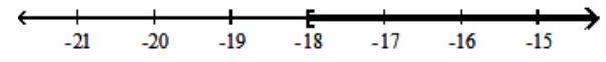  Solve and graph. - 2 x \leq-36    A)   \{x \mid x \leq 18\} , or  (-\infty, 18]    B)   \{x \mid x \leq-18\} , or  (-\infty,-18]    C)   \{\mathrm{x} \mid \mathrm{x} \geq-18\} , or  [-18, \infty)     D)   \{x \mid x \geq 18\} , or  [18, \infty)     