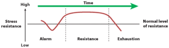 Which phase of the GAS is John experiencing, if he realized that he is totally unprepared as he takes his first major exam?   A)  resistance B)  alarm C)  exhaustion D)  phaseout