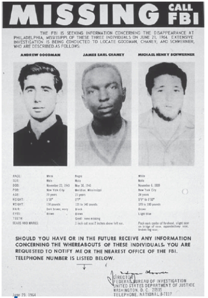 Explain the historical significance of the events surrounding the poster depicting the three missing men, Goodman, Chaney, and Schwerner.   