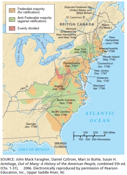 Utilizing the figure below, assess the difficulties associated with ratification of the U.S. Constitution. What difficulties did supporters of the Constitution face? How were they ultimately able to overcome the challenges they faced?   