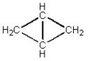 Calculate the standard enthalpy of formation of bicyco[1.1.0]butane (shown below)    given the standard enthalpies of formation of C(g) and H(g) ,717 and 218 kJ<font face= symbol ></font>mol<sup>-1</sup>,respectively,and the average C-H and C-C bond enthalpies,412 and 348 kJ<font face= symbol ></font>mol<sup>-1</sup>,respectively. A) +175 kJ<font face= symbol ></font>mol<font face= symbol ><sup></sup></font><sup>1 </sup> B) (<font face= symbol ></font>472 kJ<font face= symbol ></font>mol<font face= symbol ><sup></sup></font><sup>1 </sup>)  C) +312 kJ<font face= symbol ></font>mol<font face= symbol ><sup></sup></font><sup>1 </sup> D) (<font face= symbol ></font>36 kJ<font face= symbol ></font>mol<font face= symbol ><sup></sup></font><sup>1 </sup>)  E) (<font face= symbol ></font>124 kJ<font face= symbol ></font>mol<font face= symbol ><sup></sup></font><sup>1 </sup>) 