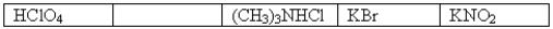 The following 0.1 M aqueous solutions are arranged in order of increasing pH,with the highest pH on the far right.   Which one of the following 0.10 M aqueous solutions should be placed in the empty box? A) NaI B) HCOOH C) C<sub>6</sub>H<sub>5</sub>NH<sub>2 </sub> D) CH<sub>3</sub>NH<sub>3</sub>Cl E) NaClO
