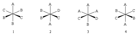 Which of the following complexes is (are) chiral?   A) 4 B) 3 C) 1 and 3 D) 2 E) 1 and 2