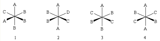 Which of the following complexes is (are) chiral?   A) 1 B) 4 C) None of the complexes is chiral. D) 2 E) 2 and 3