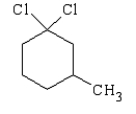 Name the following compound.   A) 1,1-dichloro-5-methylcyclohexane B) 1-methyl-3,3-dichlorocyclohexane C) 1,1-dichloro-3-methylcyclohexane D) Dichlorocyclohexane-3-methyl E) 1-methyl-5,5-dichlorocyclohexane