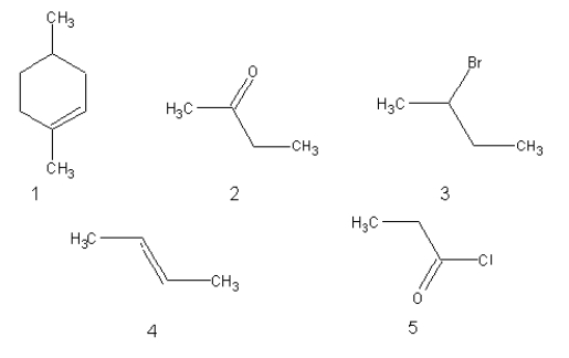 Which of the following would be attacked by a nucleophilic reagent?   A) 2, 3, and 5 B) 1 and 4 C) 3 and 5 D) 2 and 5 E) 3 only