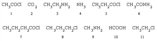 Which of the following reactants can be used to produce propanamide?   A) 5 and 6 B) 4 and 7 C) 2, 4, and 11 D) 4 and 5 E) 2, 4, and 8