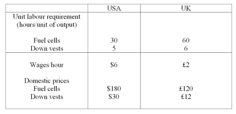   -Refer to Table 15.1. The data in the table show that: A)  the US has a comparative advantage in down vests. B)  the UK has a comparative advantage in fuel cells. C)  the US has a comparative advantage in fuel cells. D)  the US has an comparative disadvantage in down vests.