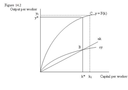   -Refer to Figure 14.2. If the economy is operating at point B in the diagram: A)  the economy is on a steady-state growth path. B)  total real GDP grows at the same rate as the labour force grows. C)  output per worker is constant. D)  all of the above.