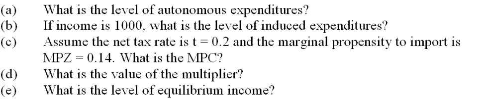 Answer parts (a) - (e) below based on the AE equation AE = 2500 +0.5Y