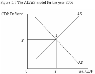   -Refer to Figure 5.1. If the GDP deflator has a base year value of P = 1.0 then the following are correct except: A)  real GDP in the year 2006 is 0Y. B)  nominal GDP in the year 2006 is the area 0Y x 0P. C)  nominal and real GDP will be the same in every year. D)  the GDP deflator in the year 2007 is 0P.