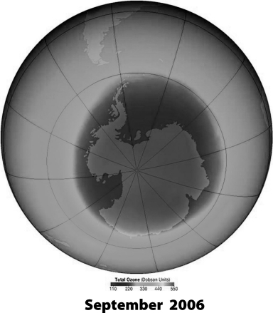The ozone hole shown below is due to destruction of ozone by   A) chlorofluorocarbons produced by seawater spraying on the Antarctic ice. B) chlorofluorocarbons released by human activities and concentrated by atmospheric circulation patterns. C) a lack of ultraviolet radiation from the sun during the Antarctic dark period. D) the presence of ultraviolet radiation from the sun.