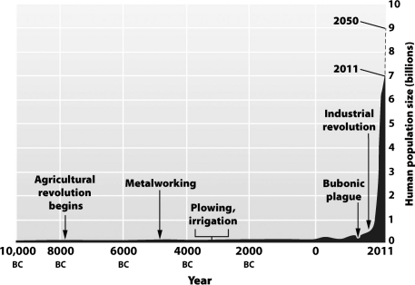 The figure below shows that the human population was small and relatively stable for nearly 12,000 years, but has increased dramatically in the past 200 years.   How might this increase in population growth be explained? A) Disease prevented any significant growth of the human population. B) For most of human history people were too malnourished to have children. C) People simply chose to have fewer children in the past than at present. D) Prior human populations were at existing carrying capacities but newly developed technologies have raised the carrying capacity and permitted the recent expansion.