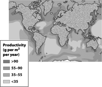 The figure below shows the net primary productivity (NPP)in marine biomes around the world.     One factor that influences the areas with >90 g/m² per year in the above diagram involving nutrient-rich layers being driven to the surface is ____________________.