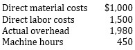  Baldwin Printing Company uses a job order costing system and applies overhead based on machine hours. A total of 150,000 machine hours have been budgeted for the year. During the year, an order for 1,000 units was completed and incurred the following.   The accountant calculated the cost of this order to be $4.30 per unit. The annual budgeted overhead in dollars was: A)  $577,500. B)  $600,000. C)  $645,000. D)  $660,000. 