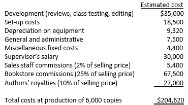 <strong> Bargain Press is considering publishing a new textbook. The publisher has developed the following cost data related to a production run of 6,000, the minimum possible production run. Bargain Press will sell the textbook for $45 per copy. How many textbooks must Bargain Press sell in order to generate operating earnings (earnings before interest and taxes) of 20% on sales? (Round your answer up to the nearest whole textbook.)</strong> A) 2,076 copies. B) 5,207 copies. C) 5,412 copies. D) 6,199 copies.