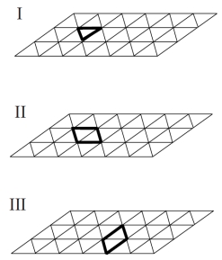 In the tilings below, which has a fundamental region shown with a heavy outline?    A)  I only B)  II only C)  III only D)  II and III
