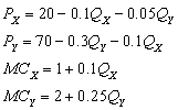 refer to the following: A firm sells two goods (X and Y)  that are related in consumption. The estimated demand and cost conditions are:    -What are the profit-maximizing levels of output for the two goods? A)    B)   C)     D)   E)  none of the above
