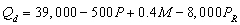 refer to the following: A firm with market power faces the following estimated demand and average variable cost functions:     where   is quantity demanded, P is price, M is income, and   is the price of a related good. The firm expects income to be $40,000 and   to be $2. Total fixed cost is $100,000. -What is the estimated demand function for the firm? A)      = 71,000 - 500P B)      = 39,000 - 200P C)      = 39,000 - 500P D)      = 40,000 - 200P
