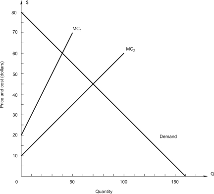 refer to the following figure:     The demand for dishwashers facing the AllClean Co. is given in the figure above. The firm manufactures dishwashers in two plants. MC<sub>1</sub> and MC<sub>2</sub> are the marginal cost curves for those two plants. -How should the firm allocate total output between the two plants in order to maximize Profit? A)  10 to plant 1, 40 to plant 2 B)  20 to plant 1, 30 to plant 2 C)  40 to plant 1, 40 to plant 2 D)  20 to plant 1, 60 to plant 2 E)  20 to plant 1, 50 to plant 2