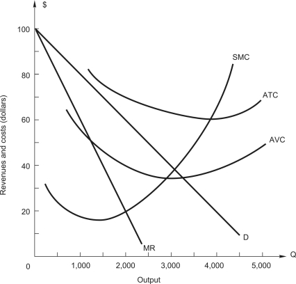 The following figure shows demand, marginal revenue, and short-run cost for a firm with market power. -This firm should sell ________ units of output and set a price of $________.