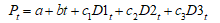 refer to the following: The manufacturer of Beanie Baby dolls used quarterly price data for 2002I - 2010IV (t = 1, ..., 36)  and the regression equation       to forecast doll prices in the year 2011. P<sub>t</sub> is the quarterly price of dolls, and D1<sub>t</sub> , D2<sub>t</sub> and D3<sub>t</sub> are dummy variables for quarters I, II, and III, respectively.    -The estimated QUARTERLY increase in price is ______, and the estimated ANNUAL increase in price is ______ . A)  $1.50; $6.00 B)  $1.40; $4.00 C)  $0.60; $2.40 D)  $0.80; $3.20 E)  none of the above