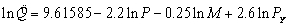 The empirical demand function is estimated in log-linear form as   where   is the estimated number of units of good X demanded, P is the price of X, M is income, and   is the price of related good Y. (All parameters estimates are significantly different from zero at the 5 percent level.) -Express the empirical demand function in the alternative (non-logarithmic) form:     =_________________________.