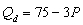 Suppose that the demand and supply functions for good X are      -Let the supply function change to Q<sub>s</sub> = -40+12P . Given the ORIGINAL demand function, the equilibrium price is $__________ and equilibrium quantity is __________ units