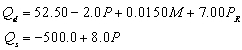 The general demand and supply functions for good A are estimated to be, respectively:   where   is quantity demanded per month,   is quantity supplied per month, P is price of good A, M is average household income, and   is the price of a related good R Assume the following values of the shift variables: M = $42,500, and   = $30. -The maximum price at which 500 units of good A can be sold is ____________.
