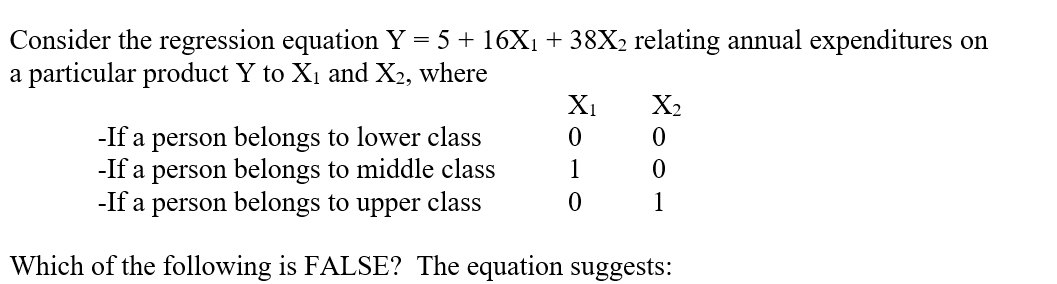   A)  An upper class person could be expected on the average to spend $38 per year more than a lower class person on the product. B)  A middle class person could be expected on the average to spend $16 more per year on the product than a lower class person. C)  A lower class person could be expected on the average to spend $5 per year on the product. D)  An upper class person could be expected on the average to spend $22 more per year on the product than a middle class person. E)  An upper class person could be expected on the average to spend $38 per year on the product.