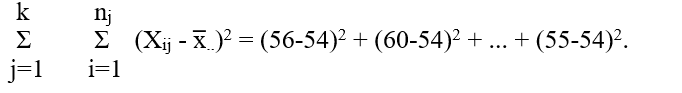 <strong>Use the following situation to answer the next seven questions. A researcher is interested in studying the effect of geographic location of grocery stores on the prices they charge for various food items. A typical market basket is selected and the researcher obtains data on the total basket price from 15 randomly selected stores as shown below. Note that 5 of the stores were inner city stores, 5 suburban stores and 5 campus stores. -The total sum-of-squares in the above problem is calculated as</strong> A) B) C) D) E) none of the above