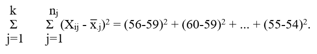 <strong>Use the following situation to answer the next seven questions. A researcher is interested in studying the effect of geographic location of grocery stores on the prices they charge for various food items. A typical market basket is selected and the researcher obtains data on the total basket price from 15 randomly selected stores as shown below. Note that 5 of the stores were inner city stores, 5 suburban stores and 5 campus stores. -The total sum-of-squares in the above problem is calculated as</strong> A) B) C) D) E) none of the above