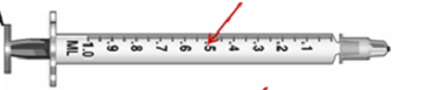 Calculate the amount to administer and choose the correctly marked syringe: syringe _______________. Ordered: Lanoxin 0.125 mg deep IM massage stat On hand: Lanoxin 0.25 mg/mL A)     B)   