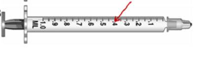 Calculate the amount to administer and choose the correctly marked syringe: syringe _______________. Ordered: Lanoxin 0.125 mg deep IM massage stat On hand: Lanoxin 0.25 mg/mL A)     B)   
